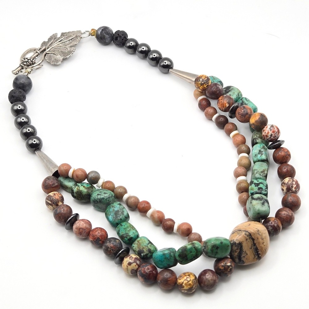Multi Strand Turquoise Jasper Hematite Beaded Necklace Silver Leaf Toggle Clasp